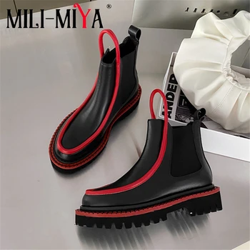 

MILI-MIYA Mixed Color Design Women Cow Leather Ankle Boots Slip-On Round Toe Square Heels Motorcycle Shoes For Ladies Size 34-40