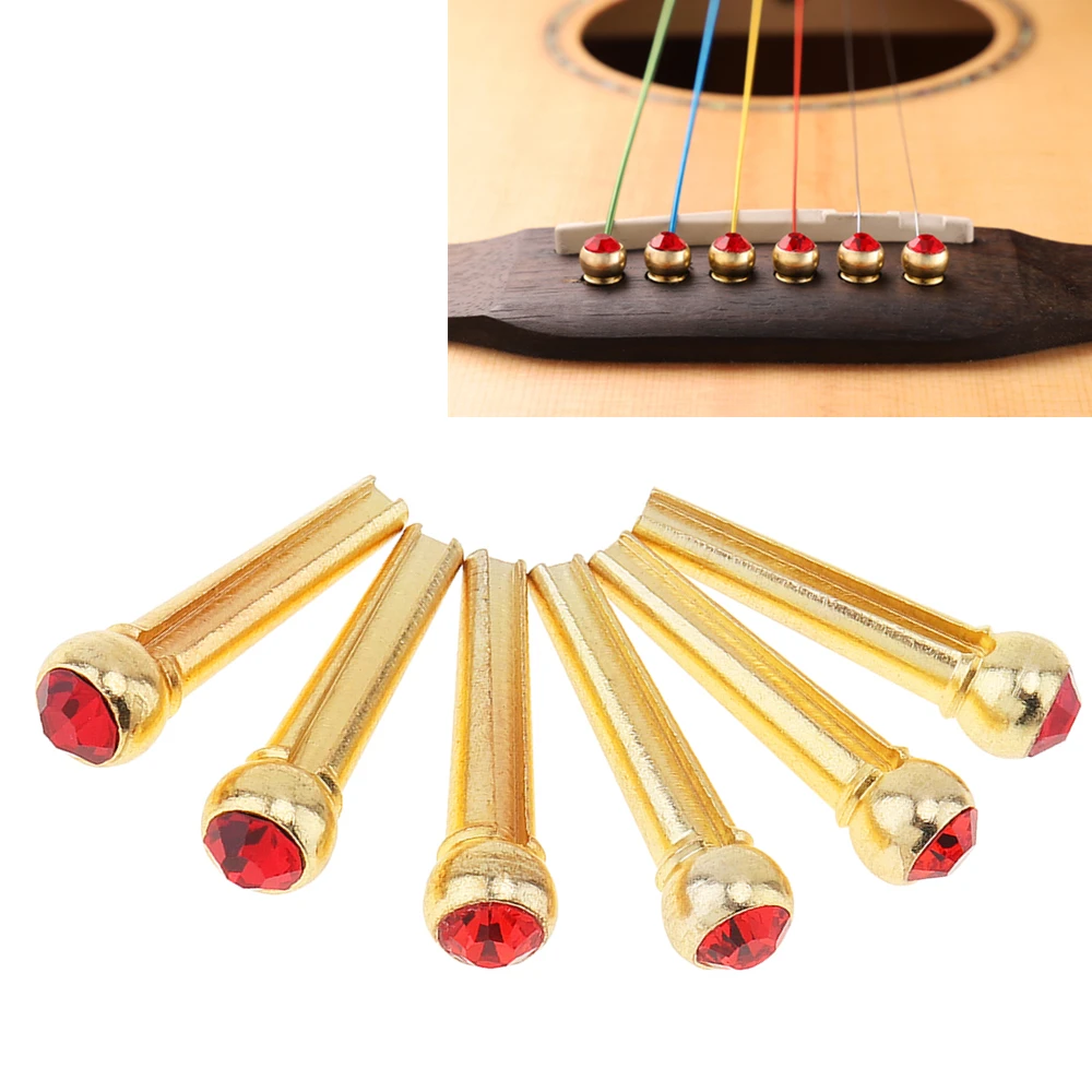 

6pcs Pure Copper Brass Bridge Pins with Red Crystal Head Strings Nail Pegs Set for Folk Acoustic Guitar Accessories
