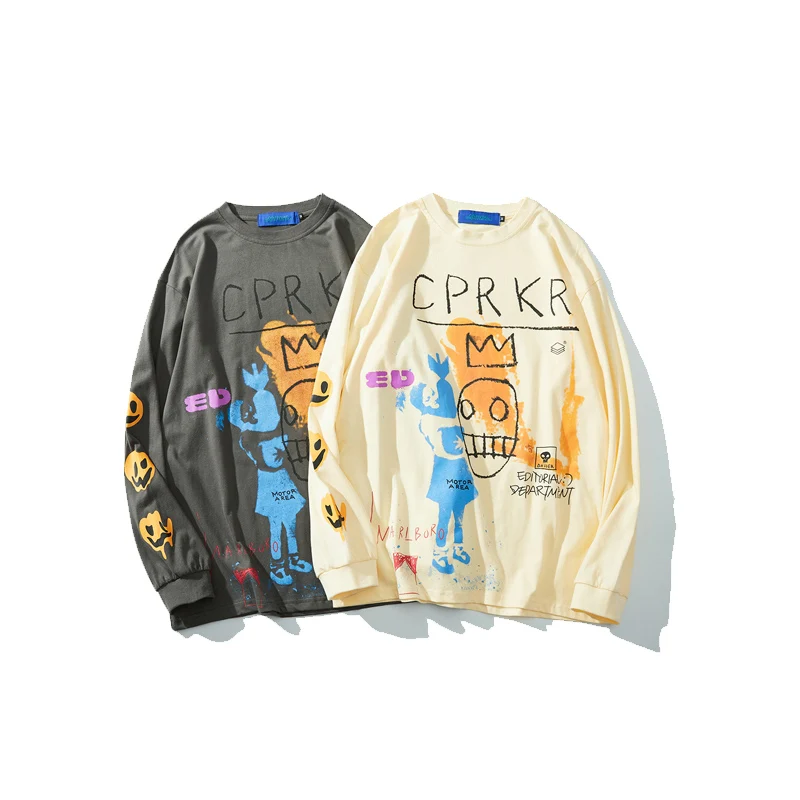 Осенняя модная уличная рубашка с круглым вырезом и длинными рукавами с принтом