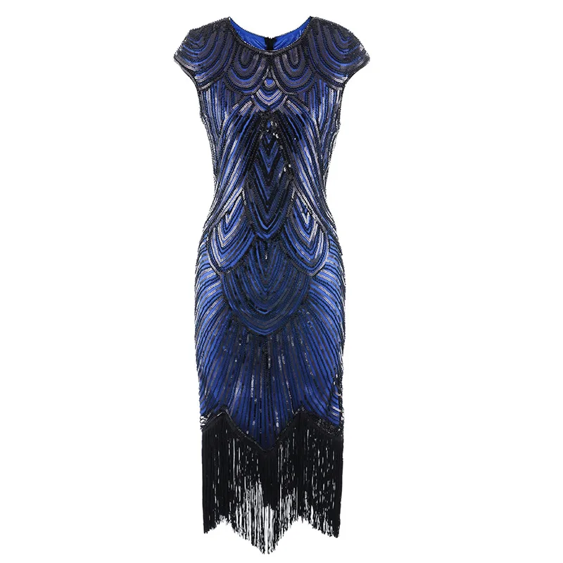 1920s Flapper платье Great Gatsby вечерние платья с блестками и бахромой - Цвет: black blue dress