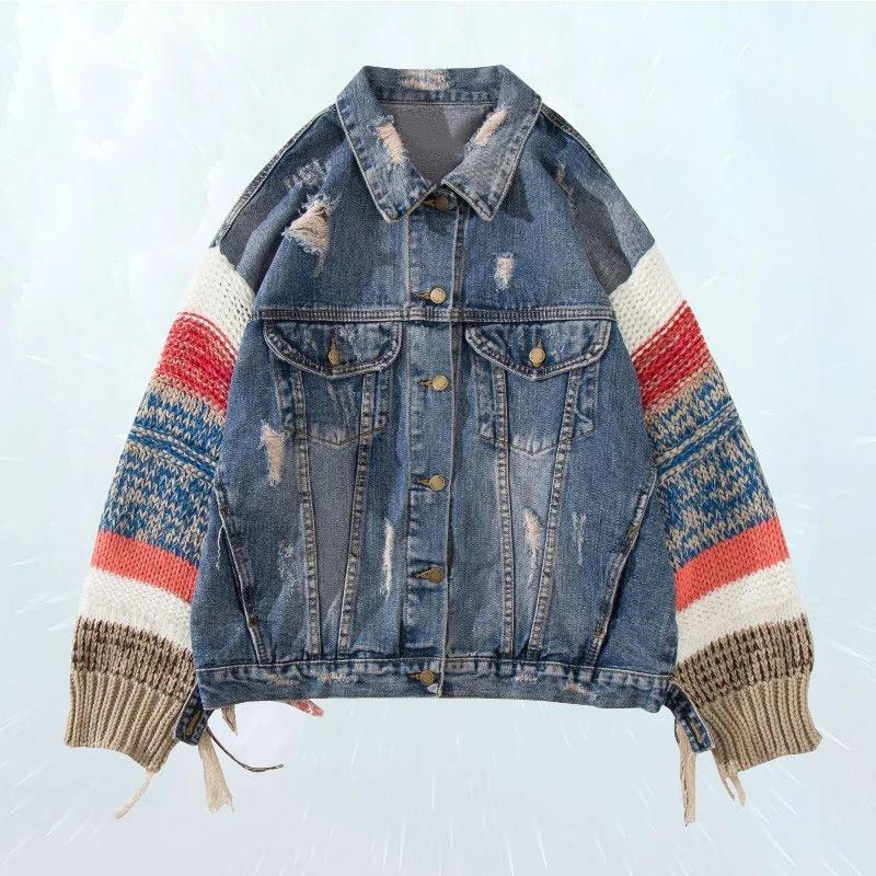

Patchwork Knitting Sleeve Denim Jackets For Women Ripped Hole Tassel Female Jacket 2019 Autumn Fashion Tide Clothing SL338