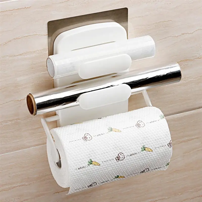 3 in 1 Cling Film Storage Rack Retractable Roll Paper Holder Wall-mounted Tinfoil Organizer