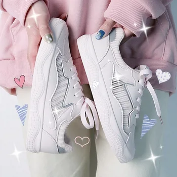 

Fashion Women Sneakers New Arrival White Flats Mesh Leather Women Shoes High Quality Casual Sports Sneakers Female Breathable