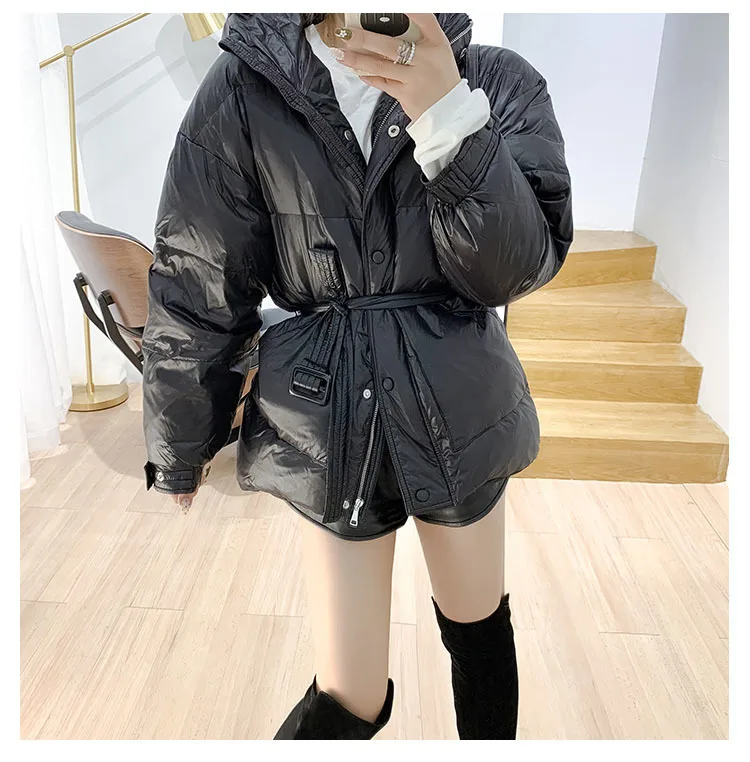 fahion Down Women Parka Winter hooded with belt Thick Warm light down jacket Female overcoat Parkas Casual Solid Coats Y70