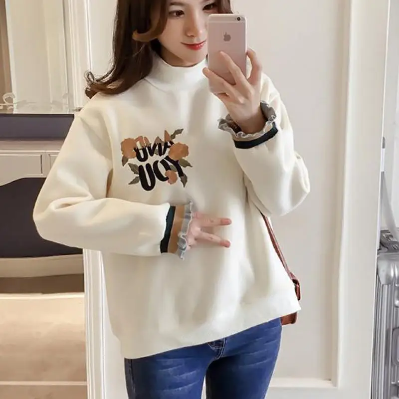 

Sleeve Loose Long-sleeved Women Sweatshirt Embroidered Flowers Harajuku Lady Pullover Hoodies Letter Printing Sweatshirt Women
