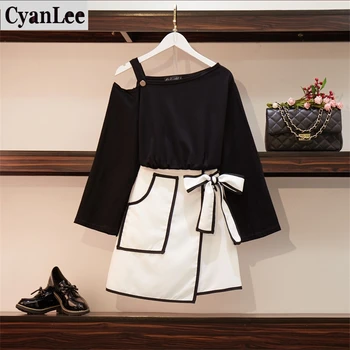 

Plus Size 2020 Spring Women Two Piece Set Casual Solid Black Loose T-shirt Tops And Skirt Mini Bow Fashion Set 2 Pcs Lady Set