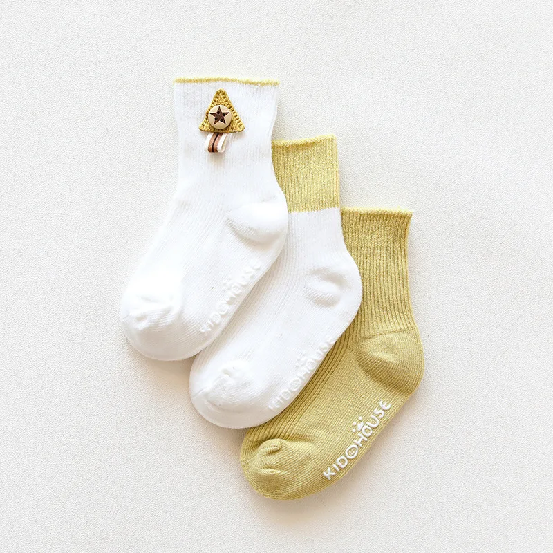 3 пары носков для малышей, детские носки на весну, осень и зиму, хлопковые носки для новорожденных мальчиков и девочек, одежда для малышей, аксессуары - Цвет: Цвет: желтый
