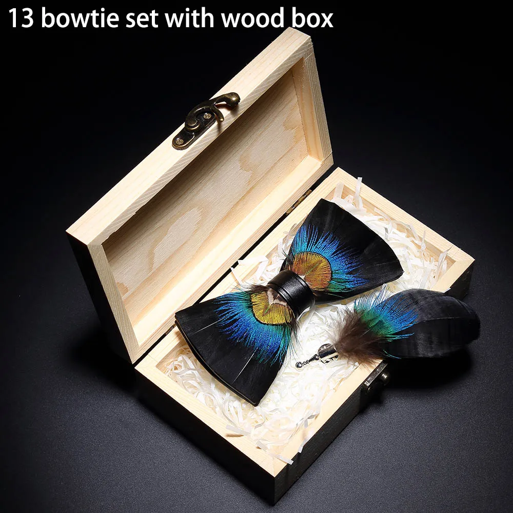 13 in Wooden Box RBOCOTT дизайн галстуки-бабочки галстук-бабочка с перьями изысканная ручная работа Мужская брошь для галстука-бабочки булавка деревянный подарочный набор для мужчин Свадебный - Цвет: 13 in Wooden Box
