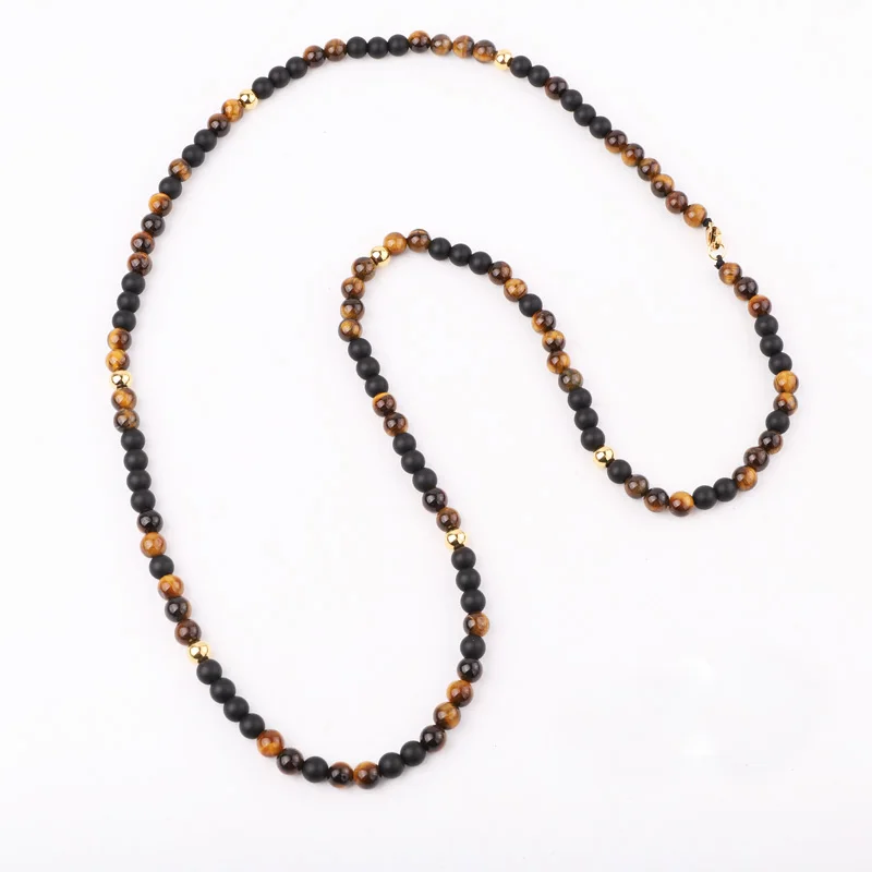High Quality New Design Natural Stone Matte Onyx Brown Tiger Eye Stainless Steel Beads Men Long Necklace 30inches Jewelry Gift - Image 2