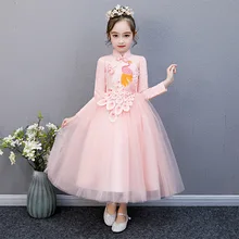 Детское длинное платье в китайском стиле, красного и розового цвета в китайском стиле с вышивкой платья Сетчатое многослойное платье принцессы вечерние свадебное элегантное вечернее платье