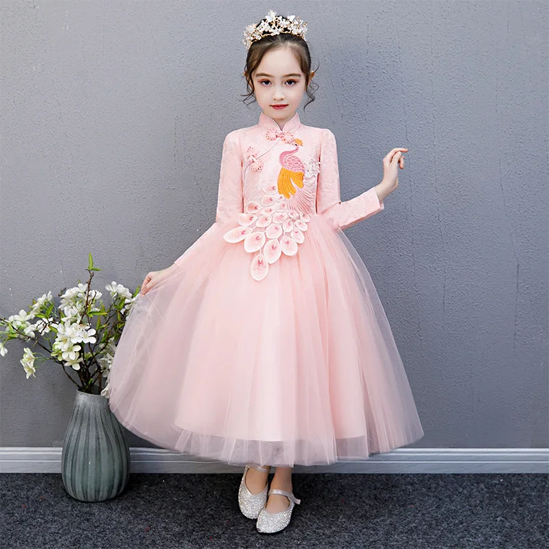 Kids Long Dress Chinese Red Pink Embroidery Cheongsam Dresses Mesh Layered Gown Princess Party Wedding Elegant Evening | Детская одежда