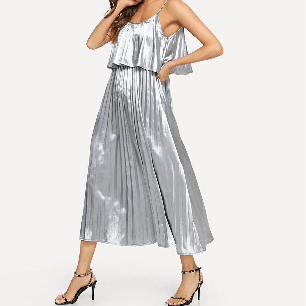 JACOSIN платье модное женское без рукавов сексуальное платье с О-образным вырезом плиссированный камзол однотонные Серебряные платья длиной до щиколотки хлопок vestidos