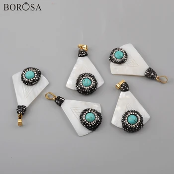 

BOROSA 5/10Pcs Fan Natural White Shell & Blue Howlite Rhinestone Paved Pendant Hand-caved Shell for Necklace Jewelry JAB969