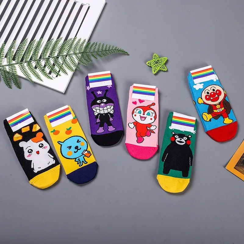 Носки с мультяшным принтом Kumamon, рыцарские Hamtaro Baikinman Anpanman Dokin chan фруктовый сок, милые забавные женские хлопковые носки, Осенние повседневные