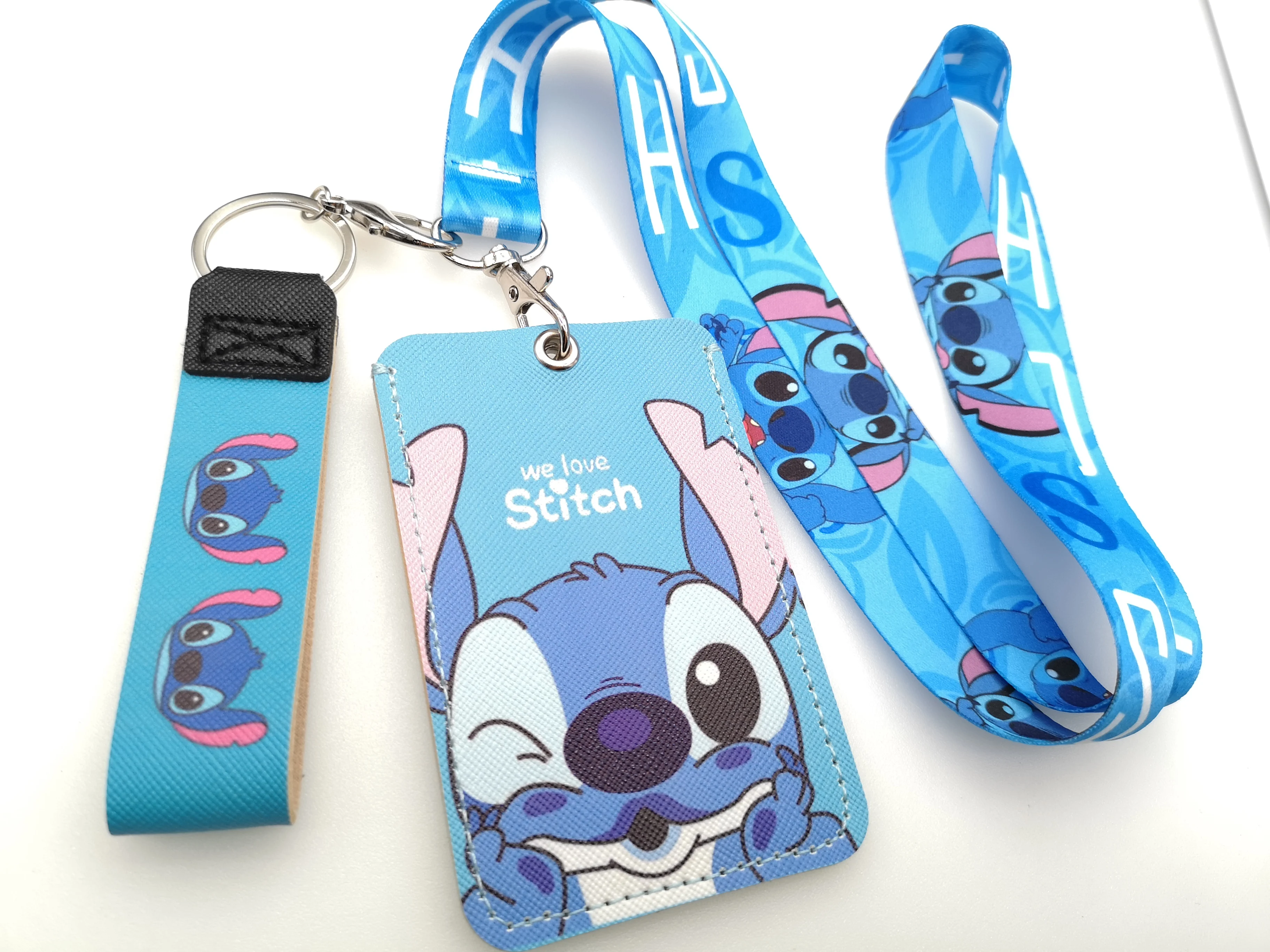 

New 1pcs cartoon stitch pu Card Holder Identity Badge with Lanyard Neck Strap Card Bus ID Holders With Key Chain