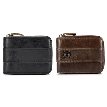 

2Pcs BULLCAPTAIN Genuine Leather Men Wallet RFID Blocking Vintage Bifold Wallets Credit Cards Holder Brown & Black