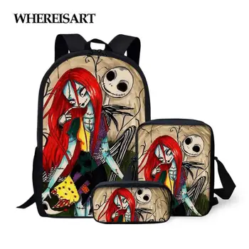 

WHEREISART 3PC/Set Backpack The Nightmare Before Christmas Pattern Students School Bags Cartoon Design Teenagers Book-Bags Set