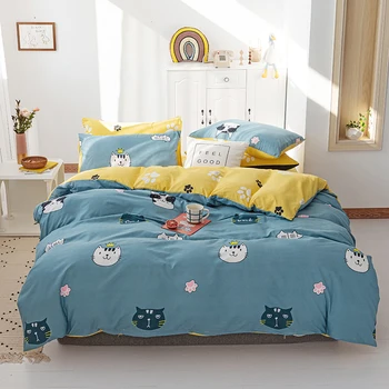 

Modern Simple Lovely Cartoon Cat Style Boy Girls Bedding Set Cotton Yellow Corner Print Sheet Hello Kity Bedding Comforter Set 7