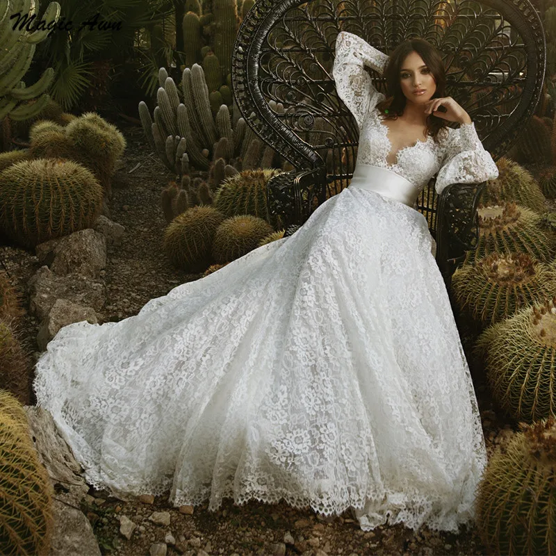 

Magic Awn Lace Beach Wedding Dresses Full Puff Sleeves V-Neck Boho A-Line Bridal Gowns Illusion Princess Vestidos De Fiesta