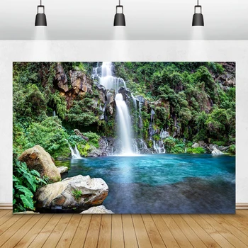 

Laeacco Natural Landscape Scenic Photozone Photography Backdrops Waterfall Mountains Grass Rock Lake Photo Backgrounds Photocall
