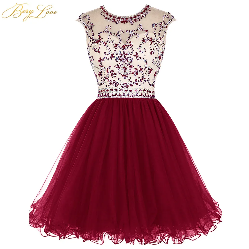 BeryLove, королевское Синее Короткое платье для выпускного вечера,, лиф со стразами, юбка с рюшами, цветное короткое платье для девочек, платье для выпускного вечера - Цвет: Dark Red