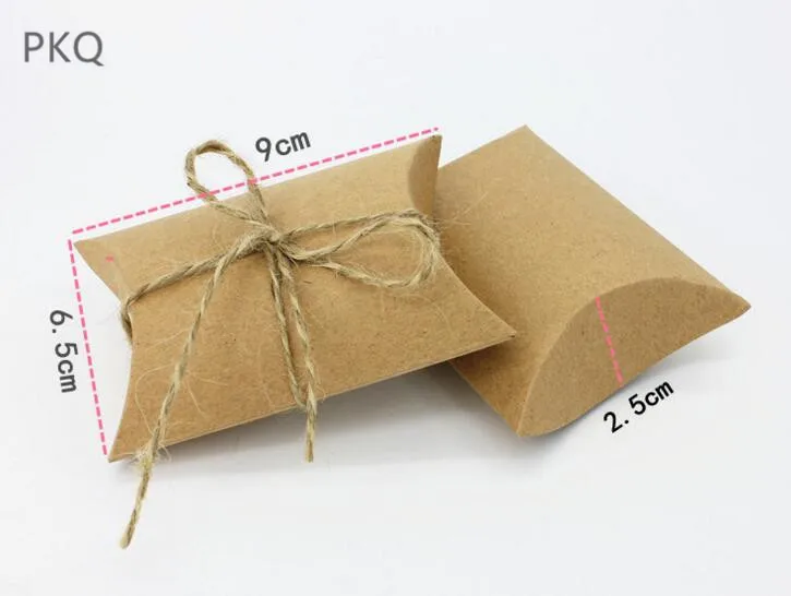 

100pcs Wholesale Kraft Paper Pillow Box Small Gift Bag Wedding Christmas Party Sweet Packaging Box With Rope