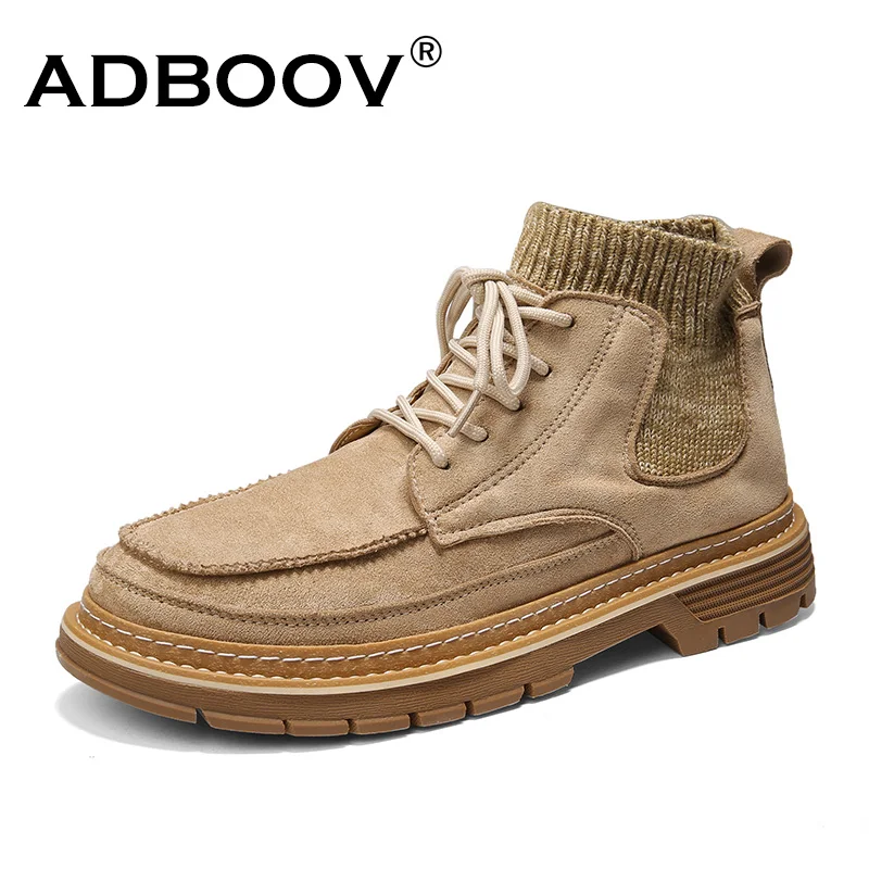 

ADBOOV New Design Martin Boots Synthetic Leather Knit Fabric Casual Shoes Men Platform Sport Men's Hiking Boots