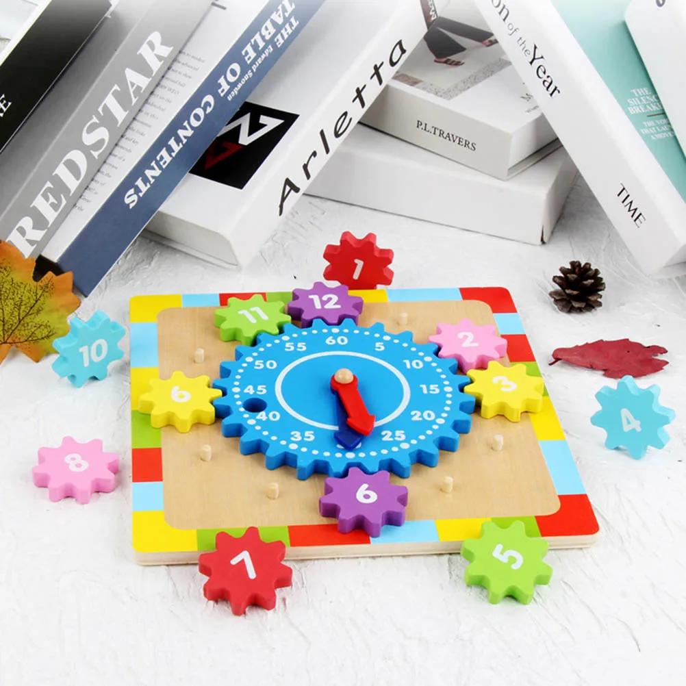  Wooden Gear Sorting Clock Wooden Teaching Clock with Numbers and Shapes Sorting Puzzle Learning Edu - 4000337084546
