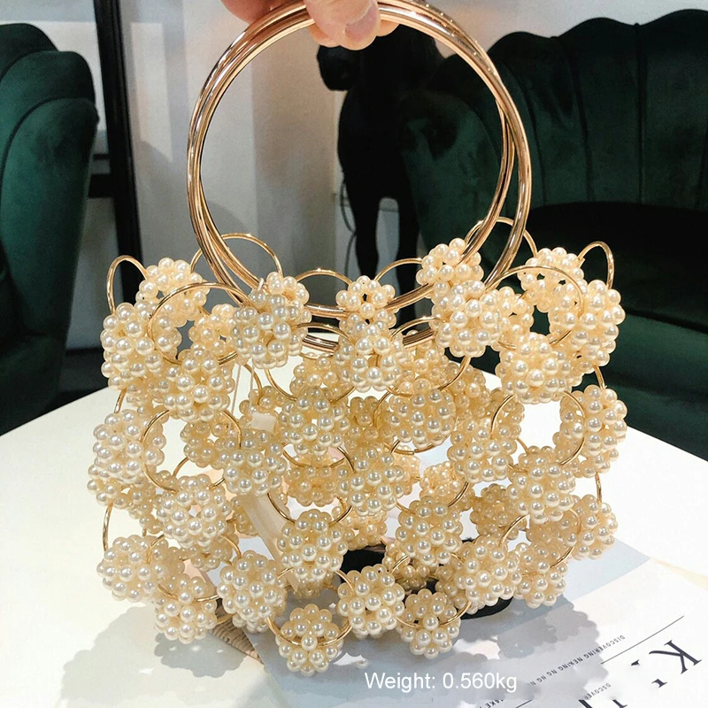 

2019 Summer New Style Gold Fashion White Female Bag Korean Hand-Woven Pearl Flower Bag Hollow Dinner Fine Fashion Bag Tide