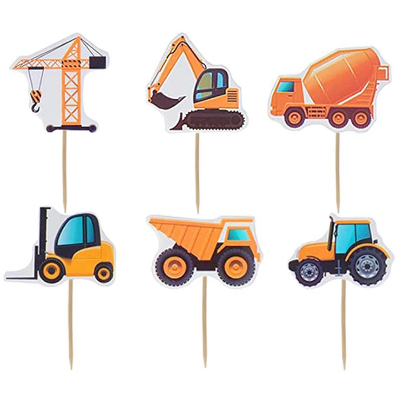 

Excavator Theme Happy Baby Shower Kids Boys Favors Cupcake toppers Decorations Birthday Party Cake Topper With Sticks 24pcs/lot