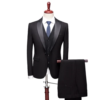 

Nevy Blue Male Slim Fit Single Button Formal Three Piece Suits Men Banquet Dress Blazer Jacket Vest with Pants New Man Suit Sets
