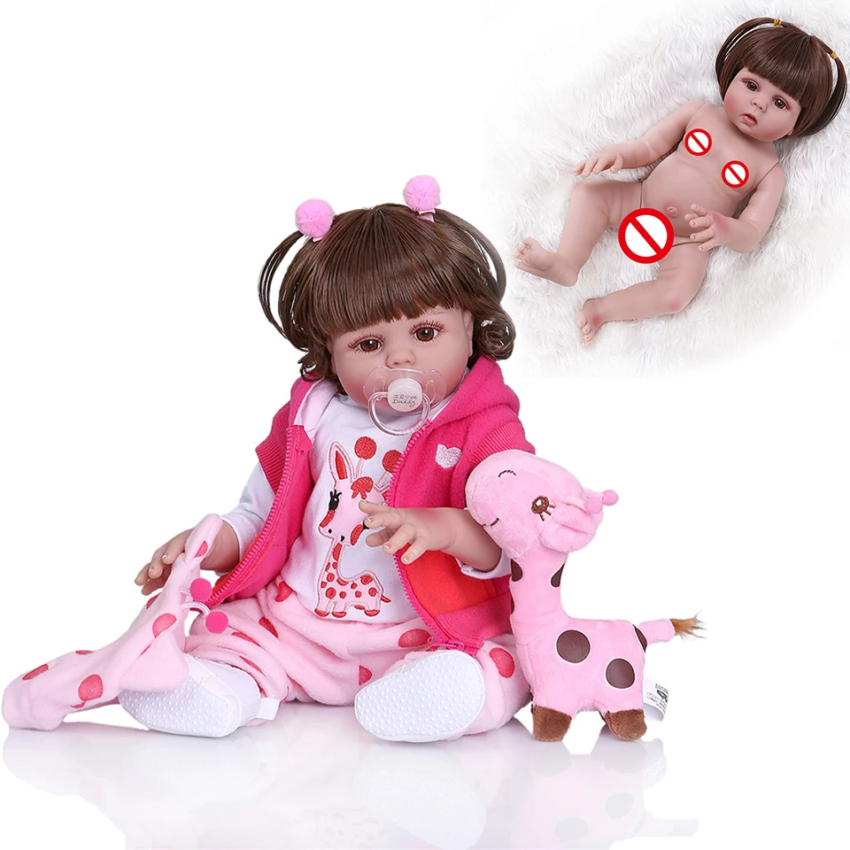 

Curly hair 49CM bebe doll reborn toddler girl doll in pink dress full body soft silicone realistic baby Bath toy waterproof