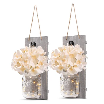 

2Pack Mason Jar Sconce Rustic Wall Sconces Rustic Fashion Home Decor Wrought Iron Hooks Silk Hydrangea and LED Strip Lights D30