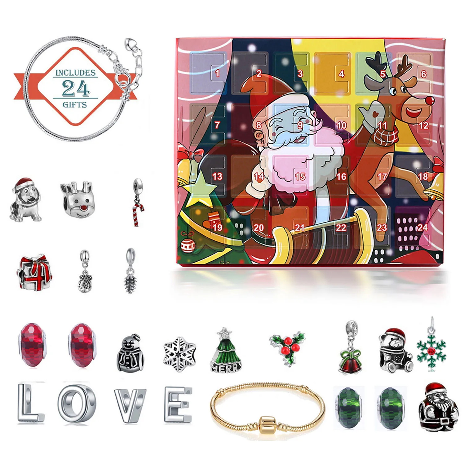 

Behogar DIY Charm Bracelet Jewelry Advent Calendar Countdown to Christmas Kids Gift Set Christmas Santa Claus Elk Box Calendar