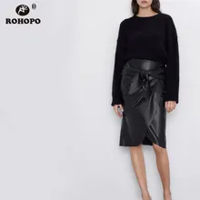 ROHOPO искусственная кожа вырез черный до колена юбка пояс-бабочка Высокая Талия Расклешенный подол осень кожа Falda#2651