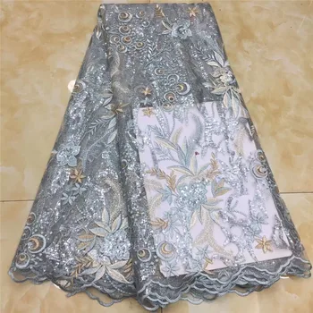 

2020 Latest African Fabrics Flowers High Quality Sky blue Nigerian Net Lace Fabric with Sequins Sequence Lace for Women Dresses