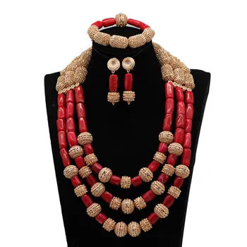 

Fantastic Original Red Coral Beads Wedding Jewelry Set Dubai Gold Beaded Bead Bride Jewelry Set African Bead Jewelry Set HXO2501