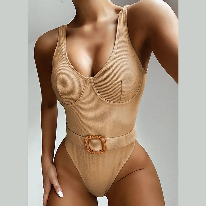INGAGA Sexy Push Up Swimwear Women One Piece Swimsuit Fused Solid Strap Bodysuit Beach High Cut Bathing Suit Women New 2020