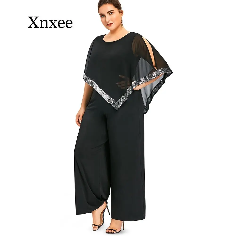 

boho Beach Summer Plus Size Wide Leg Long Pants Jumpsuit Romper Office Ladies Work Wear Sequin Overlay Chiffon Party Overalls