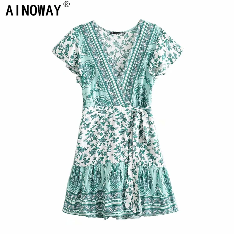 

Vintage chic women lace-up sashes v-neck floral print beach Bohemian mini dress Ladies Summer rayon cotton Boho dress vestidos