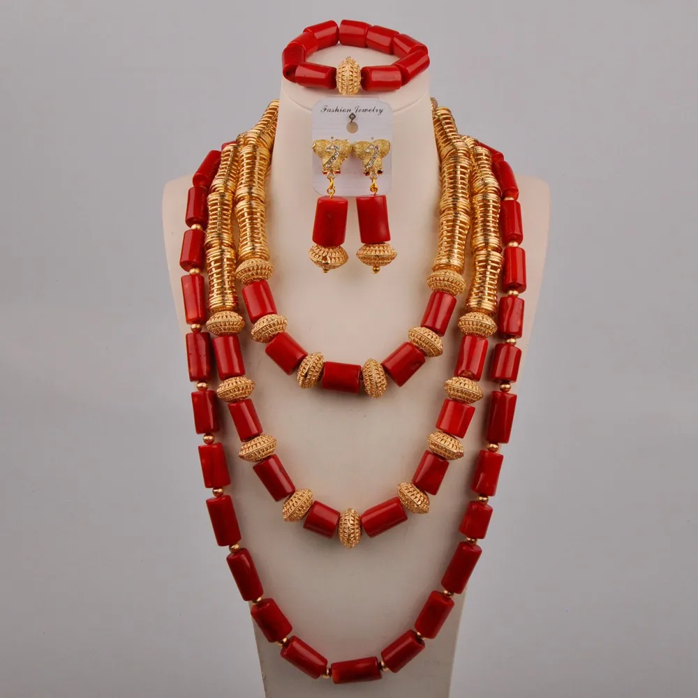 

New Red Natural Coral Bead Necklace African Bride Wedding Dress Accessories Nigerian Women's Wedding Jewelry Set AU-675