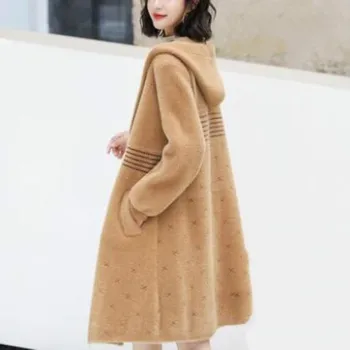 

Women New Fashion Faux Mink Fur Coat Female Full Sleeve Striped Print Genuine Fur Outcoat Ladies Hooded Thick Warm Outwear Z202