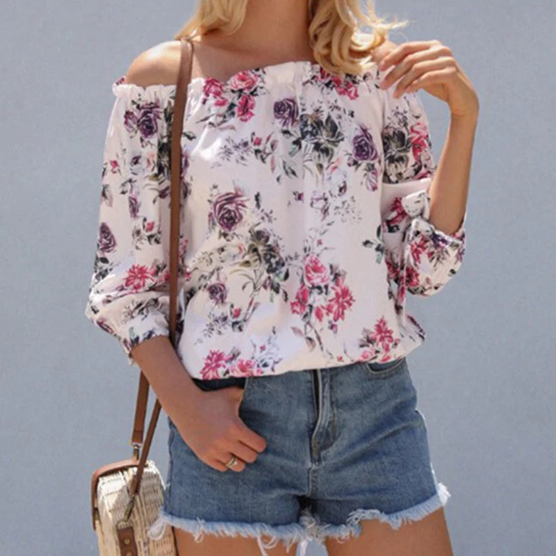 Spring Womens Floral Off Shoulder Tops New Ladies Sexy Large Size Pink White T-shirt Autumn Woman Floral 3/4 Sleeve T Shirts