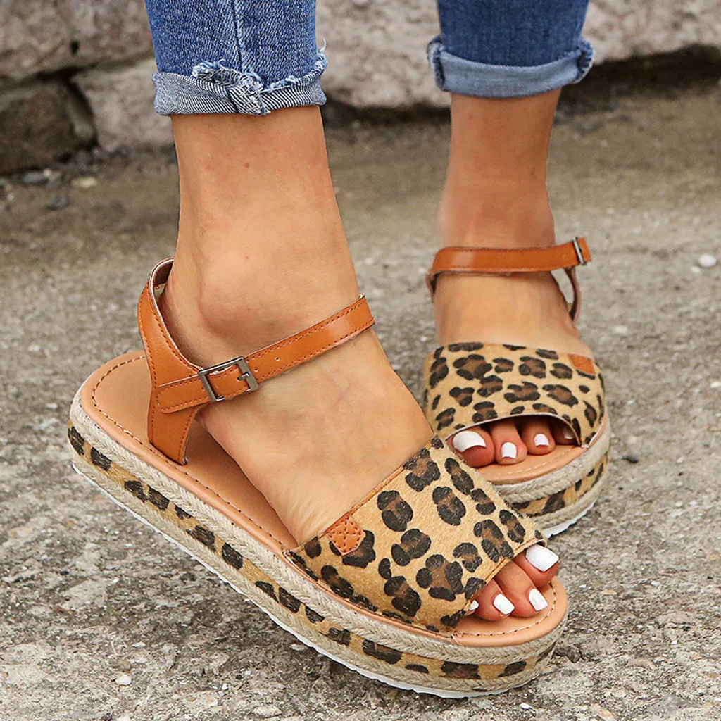 

Women Ladies Sandals Fashion Casual Leopard Print Big Size Buckle Flat Platform Wedges Sandals Roman Shoes Zapatos De Mujer
