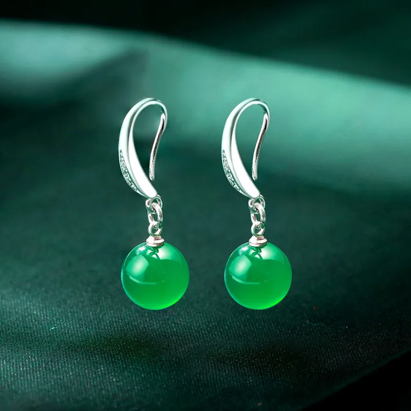 

Natural Green Jade Chalcedony Round Earrings 925 Silver Carved Charm Jadeite Jewelry Fashion Amulet for Women Gifts