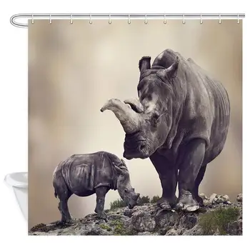 

Africa Safari Animal Decor Rhino Rhinoceros Shower Curtain, Tropical African Wildlife Animals Shower Curtains, Polyester Fabric