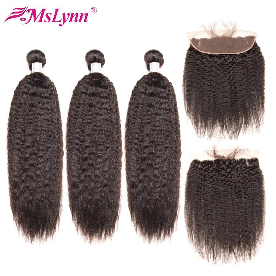 

Brazilian Kinky Straight Hair 3 Bundles With Closure Human Hair Bundles Deal With 4x13 Lace Frontal Closure Mslynn Remy