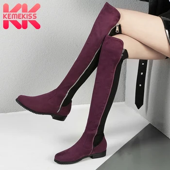 

KemeKiss Thigh High Boots Women Mixed Color Casual Zipper Flats Shoes Women Autumn Winter Keep Warm Long Boots Size 34-43