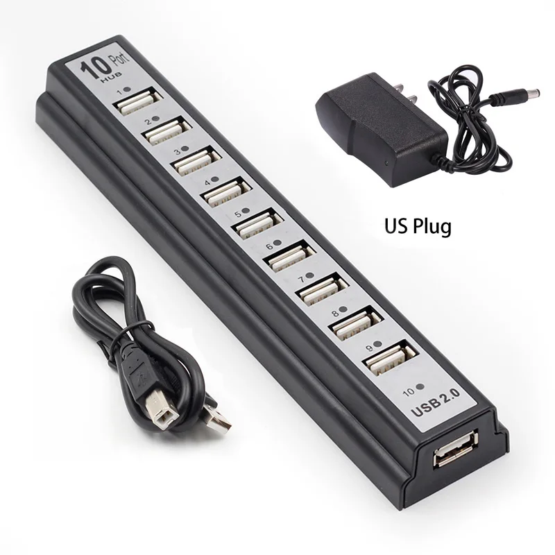 USB2.0 10 портовый концентратор мульти разделители Usb высокоскоростной 480 Мбит/с Usb 2,0 концентратор с ЕС/США адаптер питания для ПК ноутбук компьютер