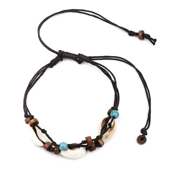 

Boho Natural Sea Shell Stone Anklets For Women Wood Bead Seashell Ankle Bracelet On Leg Foot Chain Wax Rope Anklet Beach Jewel